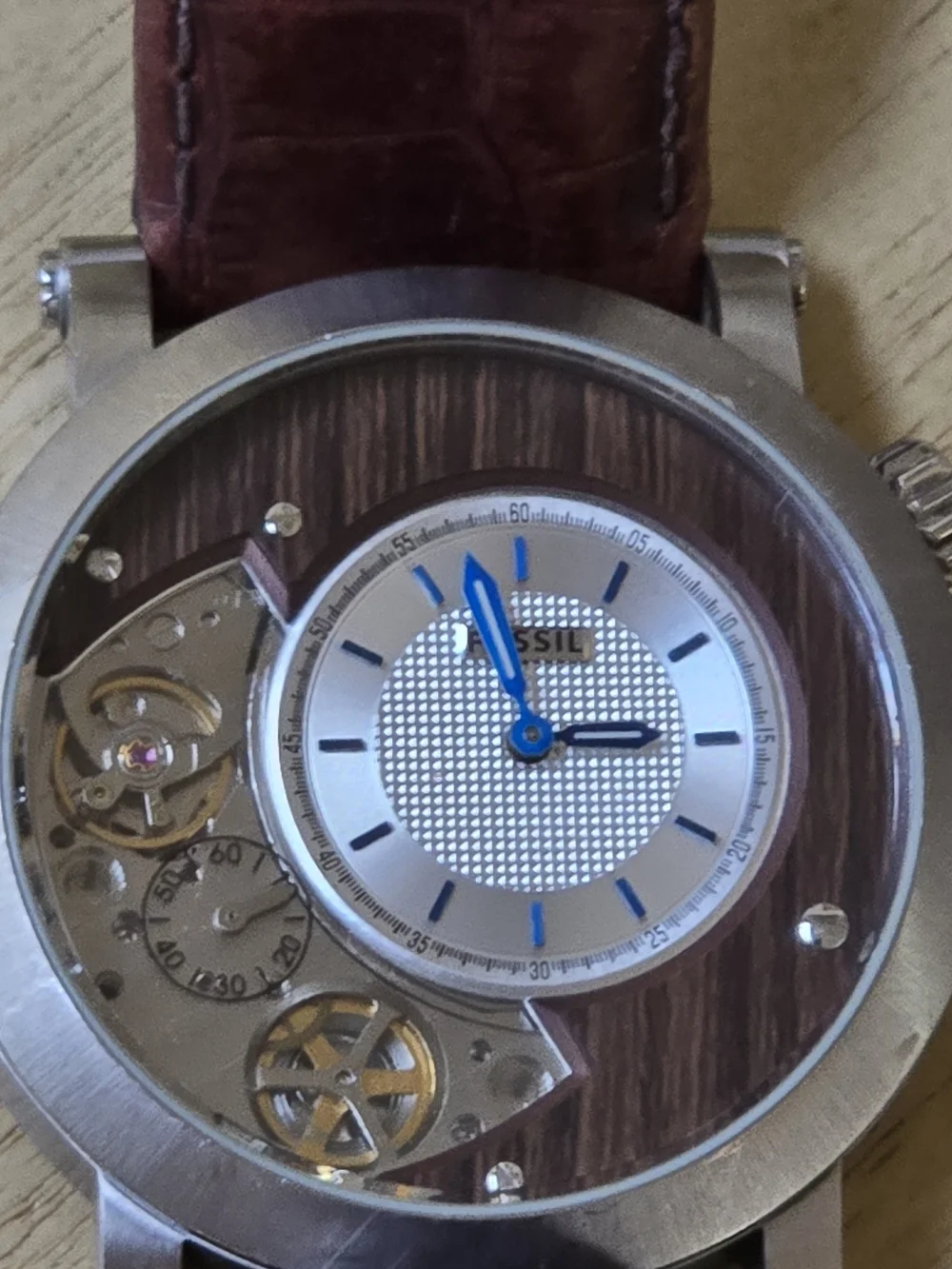 Fossil Men's Brown Leather Automatic Watch with Silver Case